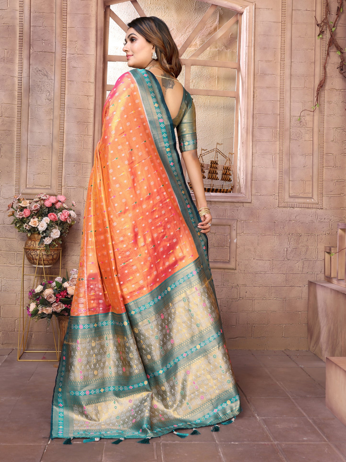 Orange Color Banarasi Tissue Silk Saree With Weaving Butties