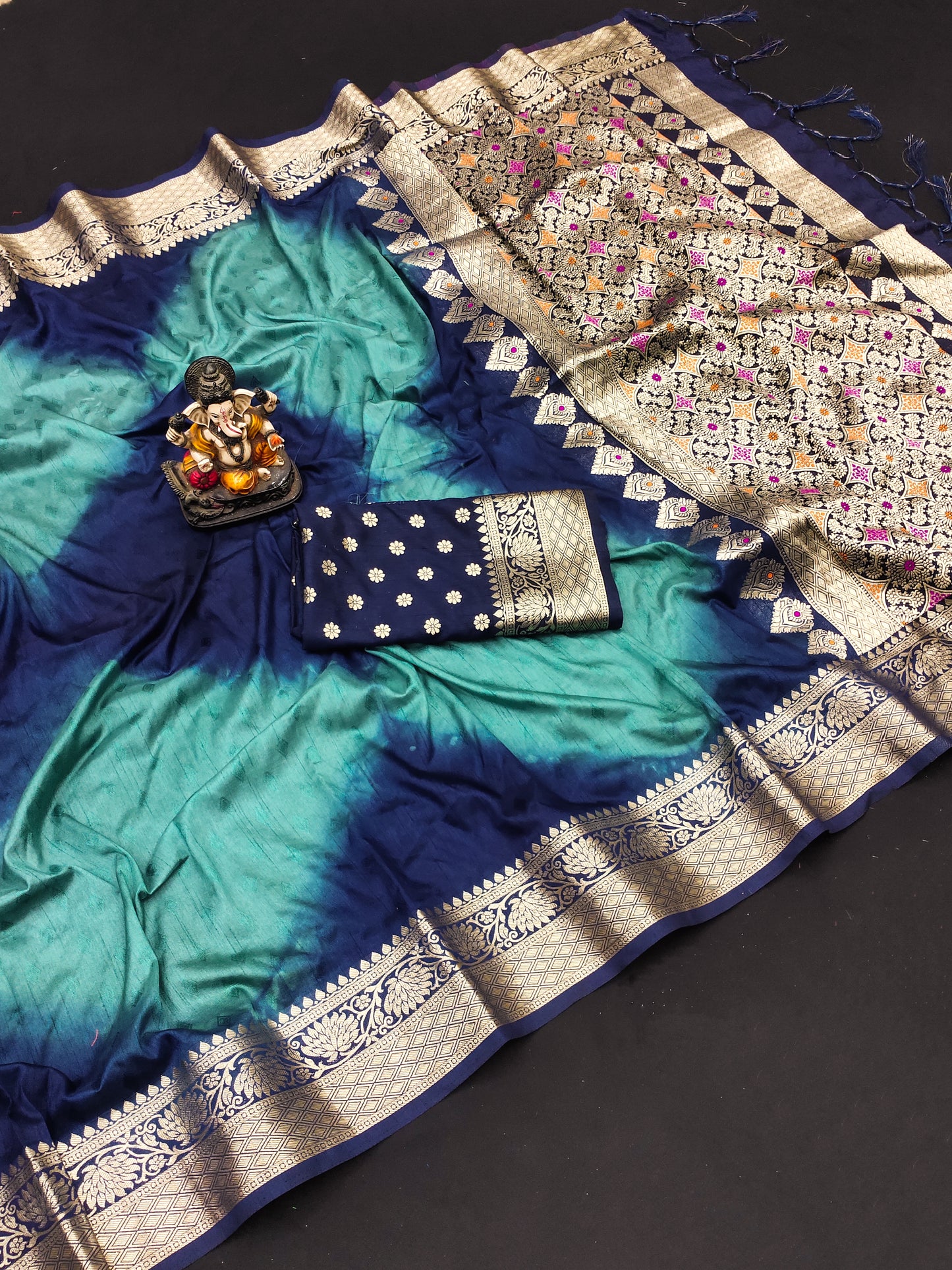 Sky Color High Quality Sibory Print Paithani Silk Saree Zari Gold & Minakari Border