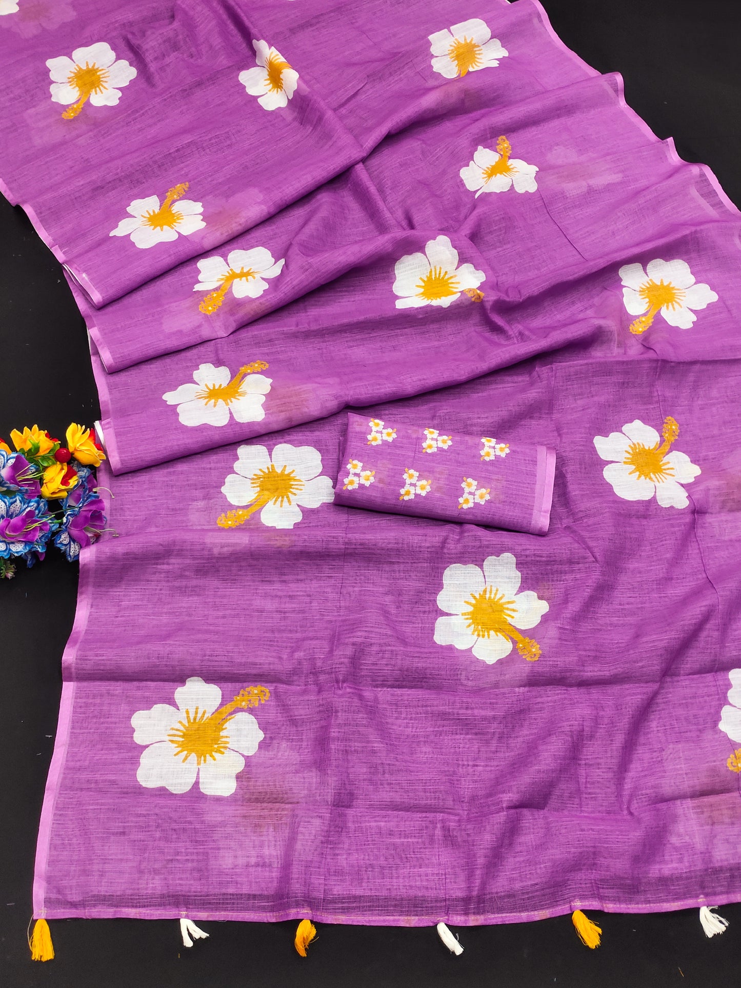 purpul Soft Linen Cotton Silk Sarees CHAMPA Jasud Flower Print
