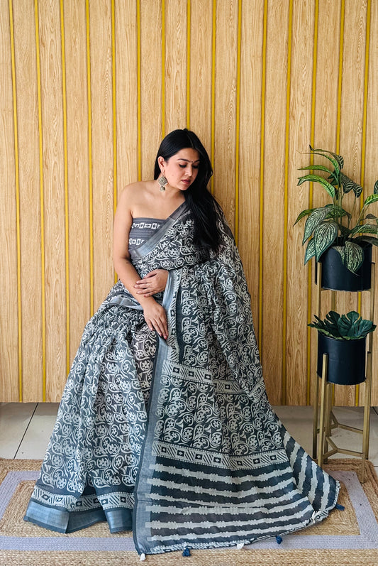 Gray-White Color Premium Quality Soft Linen Cotton Digital Print Saree With Silver Border