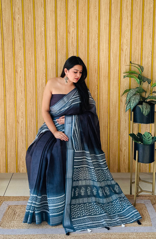 Black Color Premium Quality Soft Linen Cotton Digital Print Saree With Silver Border