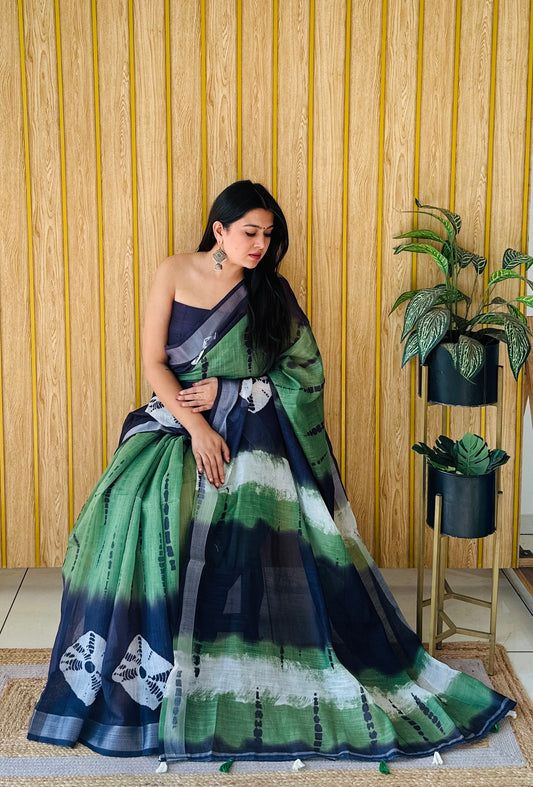 Green Color Premium Quality Soft Linen Cotton Digital Print Saree With Silver Border