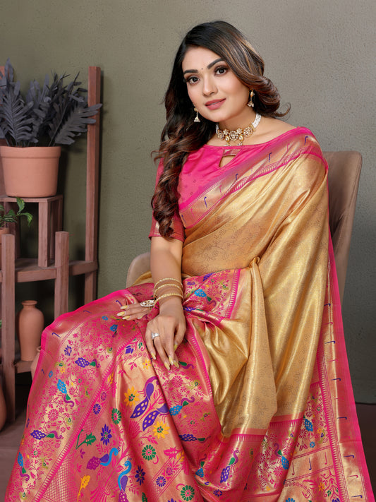 Beige Mrudangi pure banarasi tissue silk sarees With weaving butties