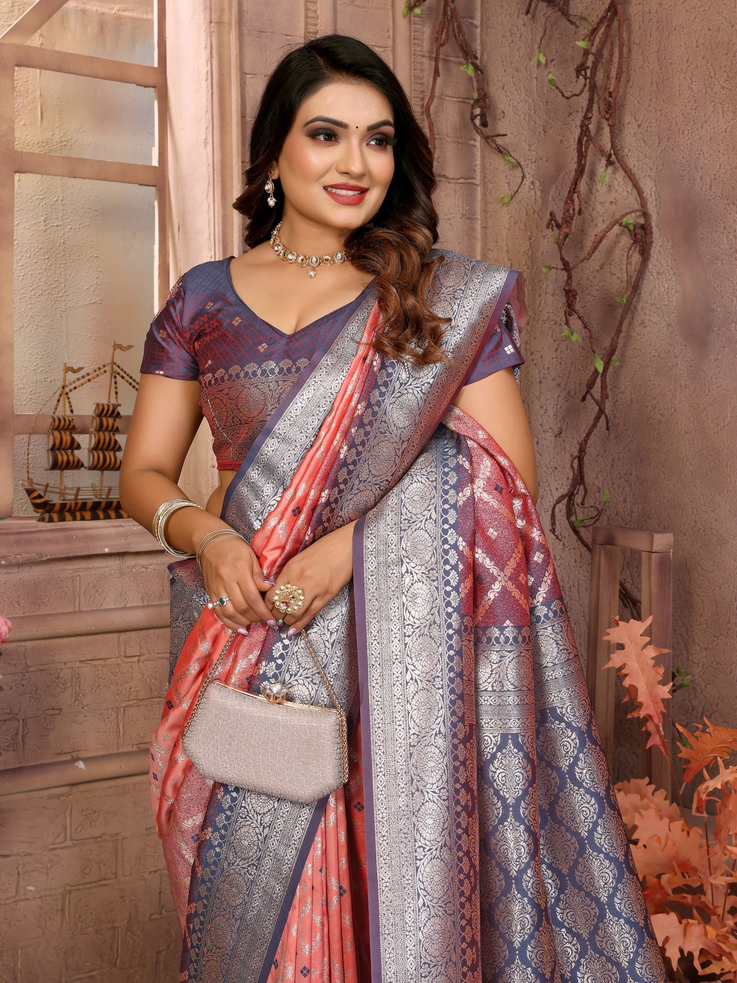 Peach Kundan kochi silk saree with beautiful Checks weaving exclusive work soft comfy