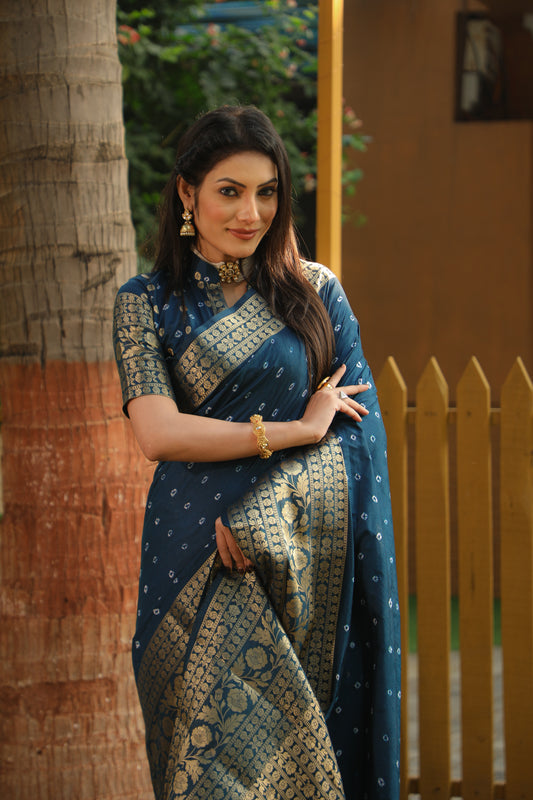 Blue Toral Bandhej Kanjivaram silk saree with Zari Weaving Rich Pallu