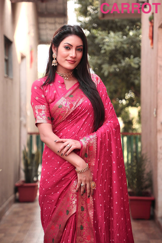 गाजर नजाकत शुद्ध बंधेज सिल्क साड़ी पटोला बॉर्डर के साथ ज़री बुनाई पैठानी रिच पल्लू साड़ी