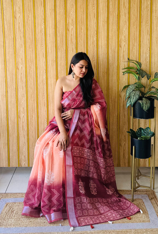 New Concept Premium And Rich Soft Linen Cotton Digital Print Saree With Silver Border