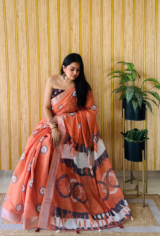 Orange Color Soft Linen Cotton Digital Print Saree Very Premium And Rich Quality