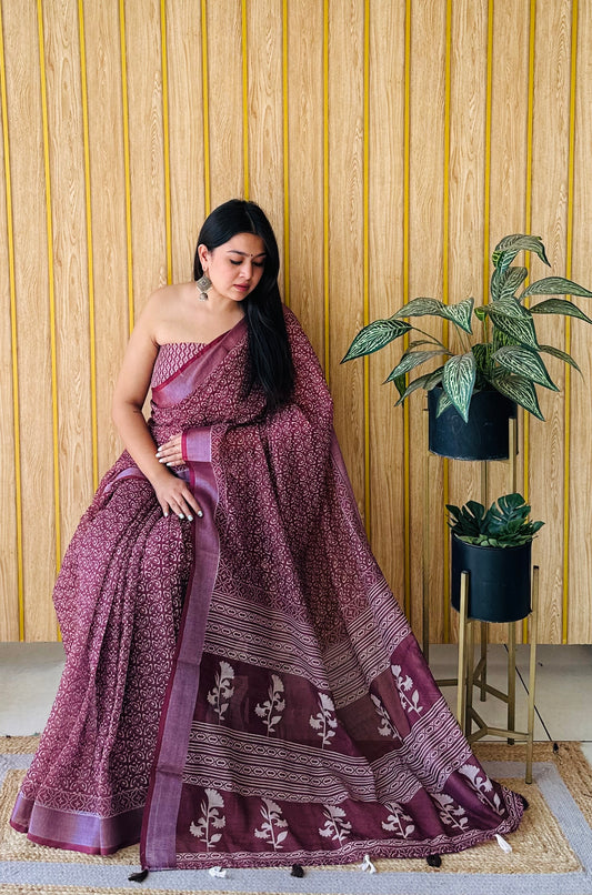 Wine Color Soft Linen Cotton Digital Print Saree Very Premium And Rich Quality