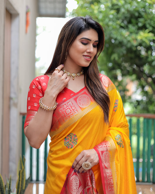 पीले रंग की खूबसूरत ट्रेंडी कलेक्शन डोला सिल्क साड़ी अनोखे बूटा डिज़ाइन के साथ