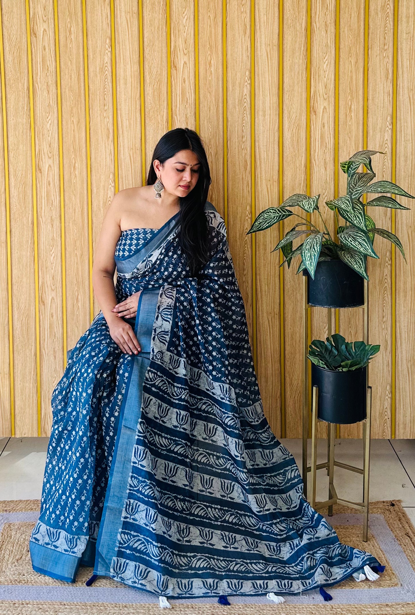 Blue Soft Linen Cotton Digital Print Saree Very Premium And Rich Quality