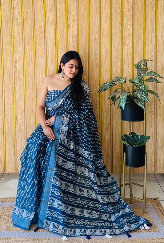 Blue Soft Linen Cotton Digital Print Saree Very Premium And Rich Quality