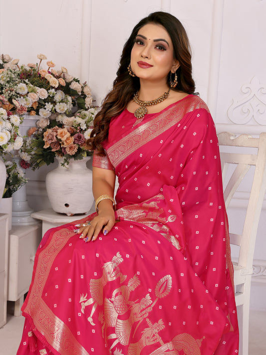 Pink Heena kochi silk saree with beautiful Bandhej weaving exclusive work soft