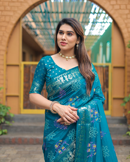 कांची बुनाई बॉर्डर के साथ स्काई मस्तानी सॉफ्ट डोला सिल्क बंधेज प्रिंट साड़ी