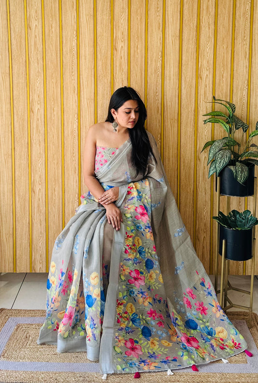 Gray Color Premium Quality Beautiful Soft Linen Cotton Digital Print Saree