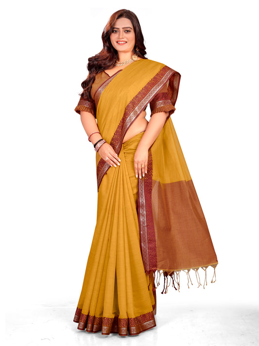 इस त्यौहार के मौसम के लिए पीले रंग की बहुत खूबसूरत मोहिनी प्रीमियम रॉयल लिनन सिल्क साड़ियाँ