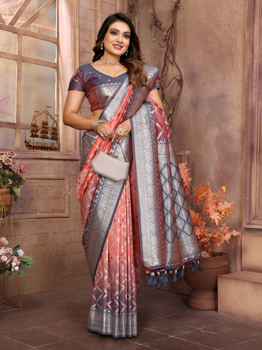 Peach Kundan kochi silk saree with beautiful Checks weaving exclusive work soft comfy