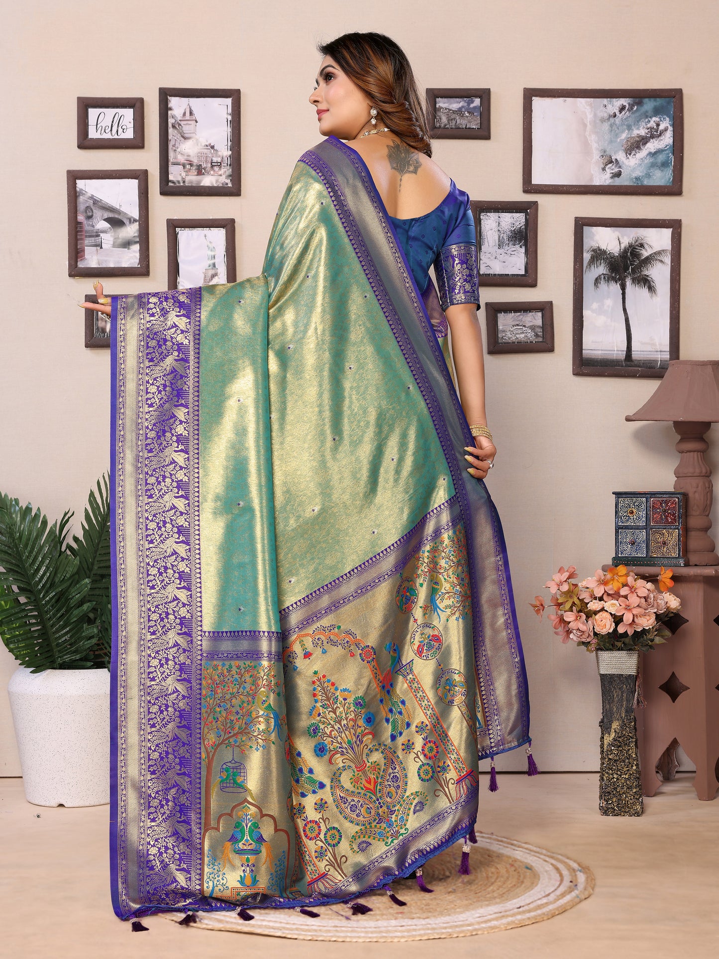 Green Color Presenting Pure Banarasi Tissue Silk Saree With Paithani Border