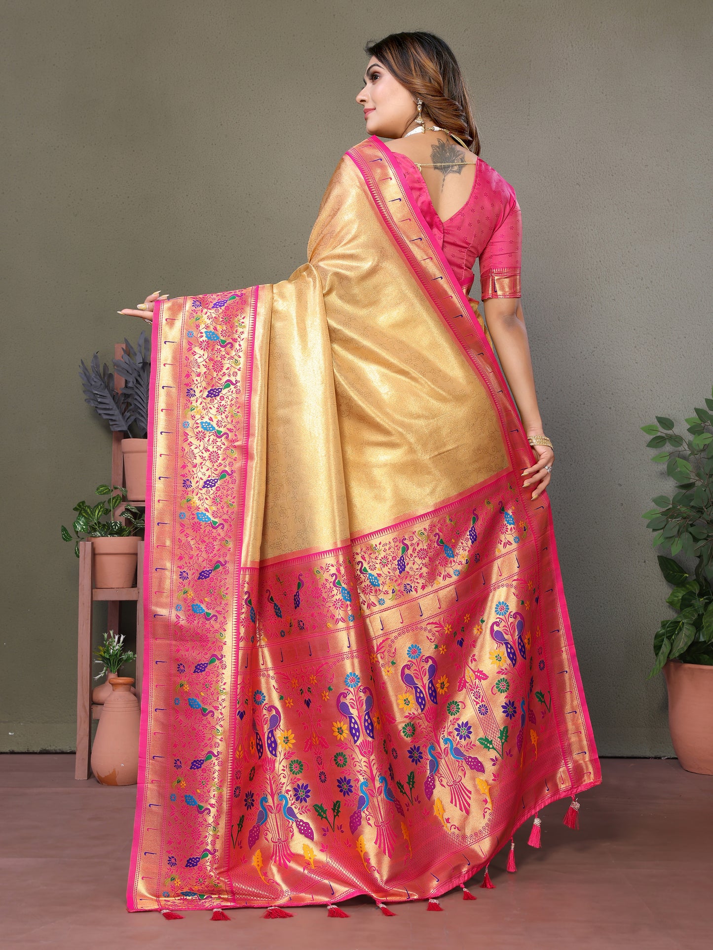 Beige Mrudangi pure banarasi tissue silk sarees With weaving butties
