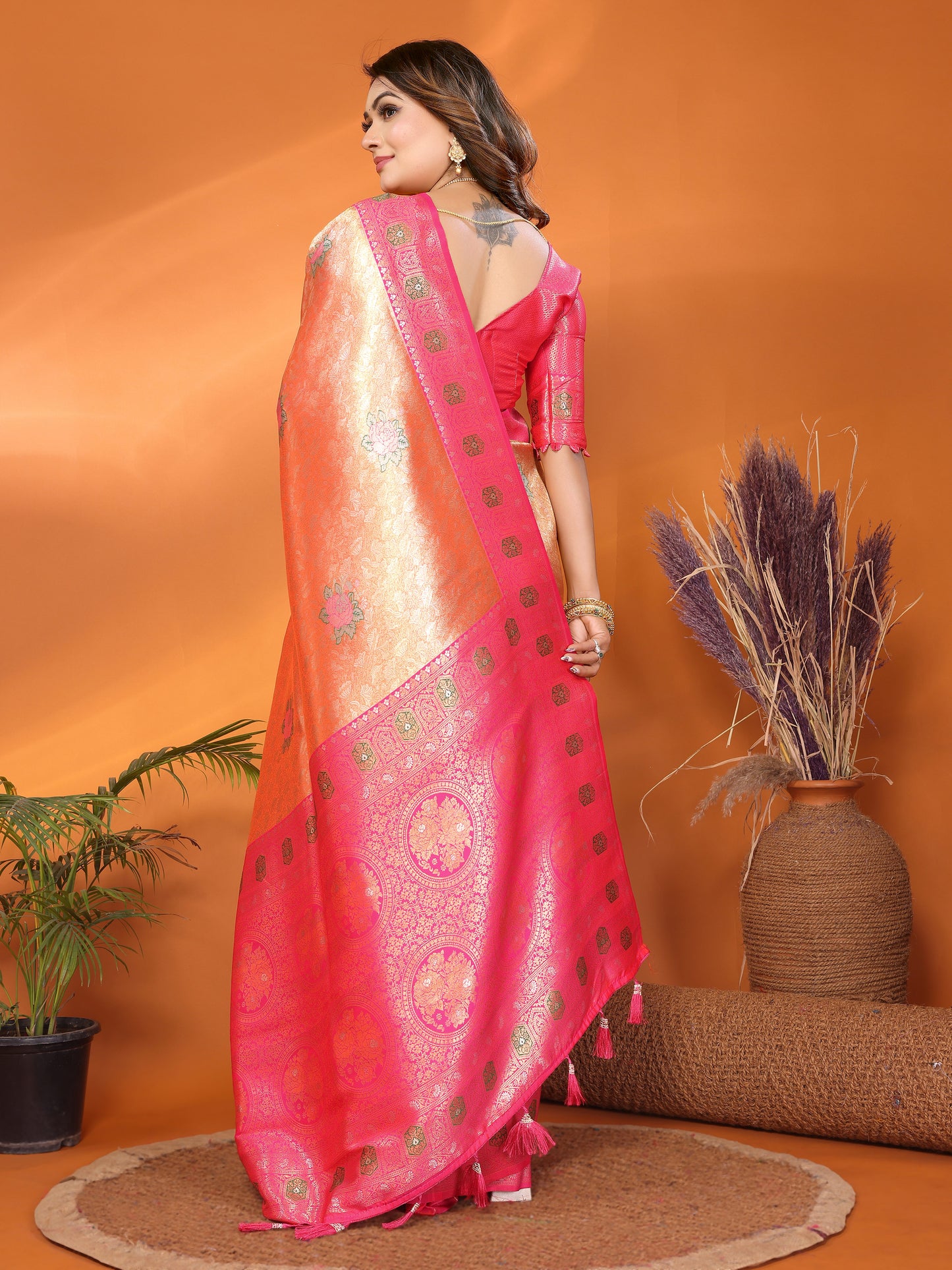 Pink Saroz banarasi tissue silk sarees with all over weaving butties