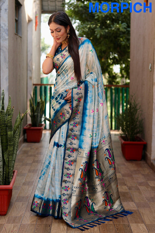 मॉर्पिच कलर एक्सक्लूसिव सिबरी प्रिंट पैथानी सिल्क साड़ी ज़री गोल्ड और मीनाकारी पैथानी बॉर्डर
