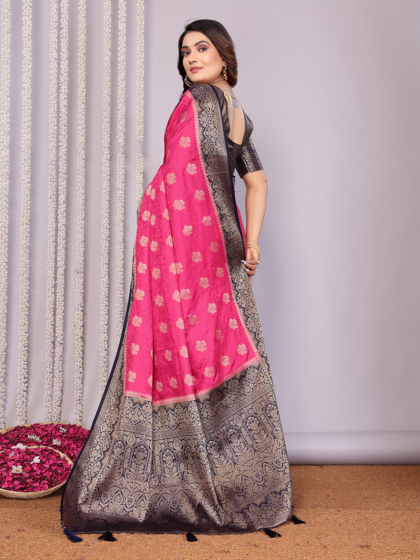 Pink Color Exclusive Satin Silk Sarees With All Over Zari Weaving Butta Designs