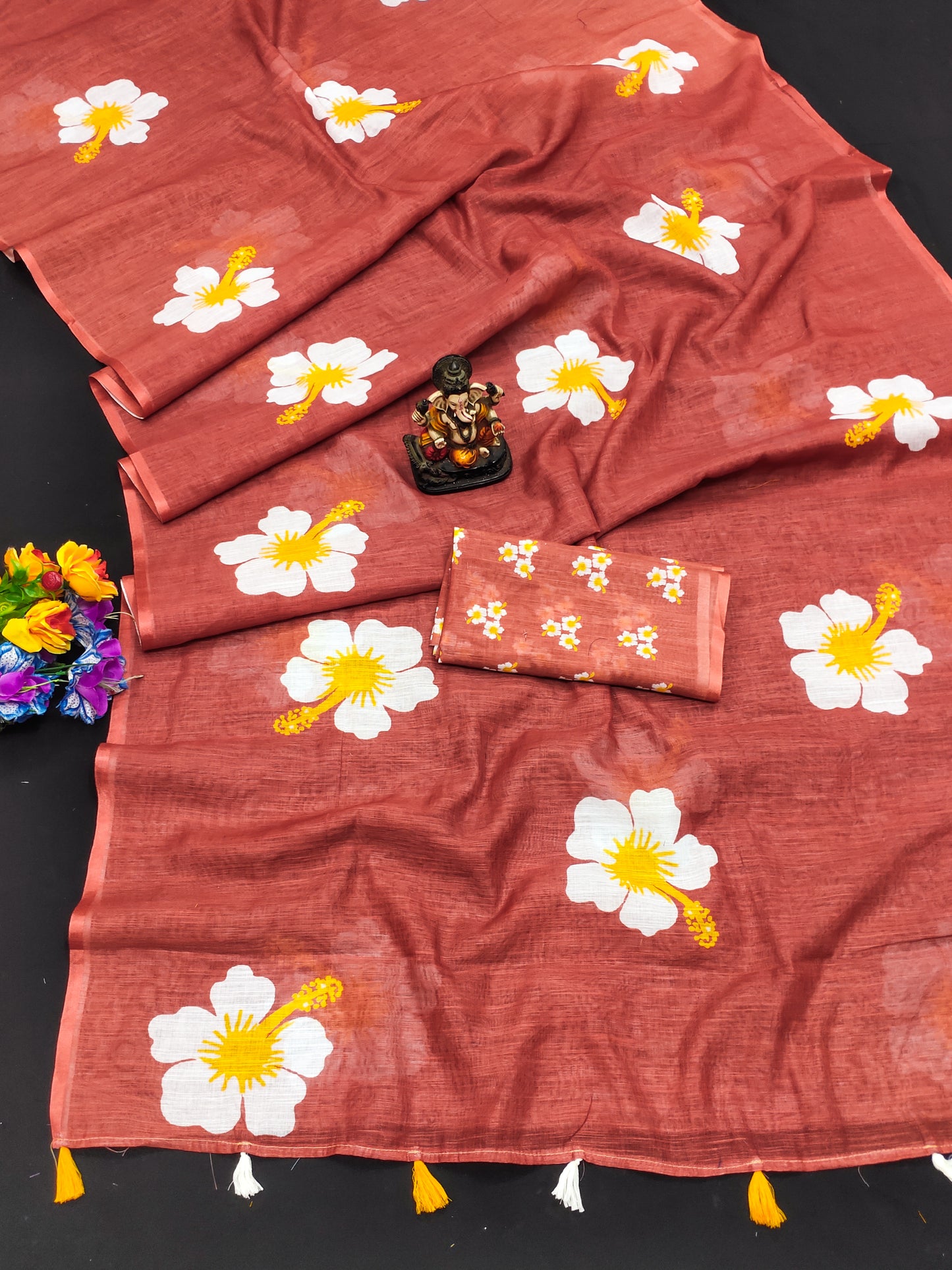 Red Soft Linen Cotton Silk Sarees CHAMPA Jasud Flower Print