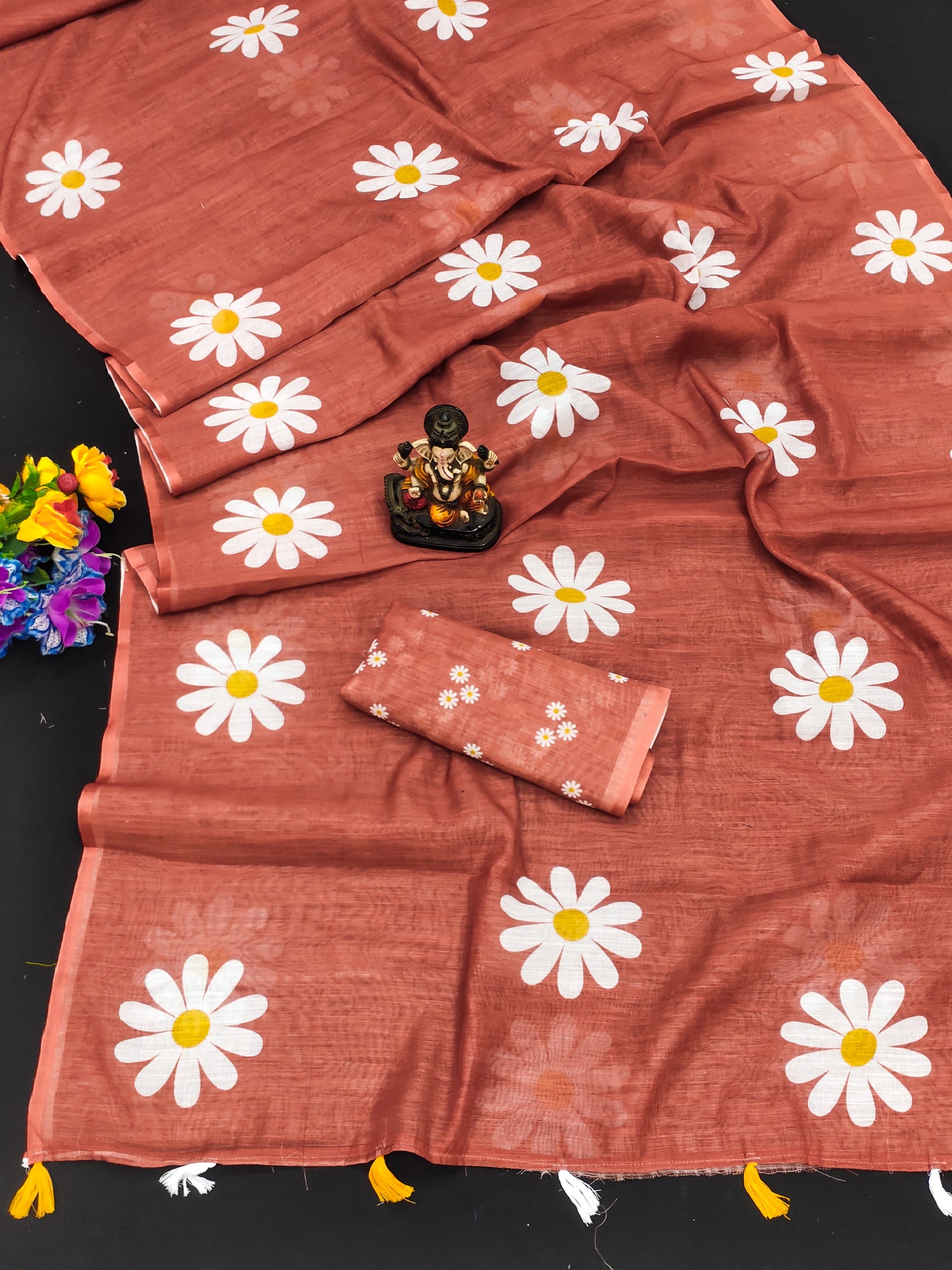 Red Soft Linen Cotton Silk Sarees CHAMPA Flower Print
