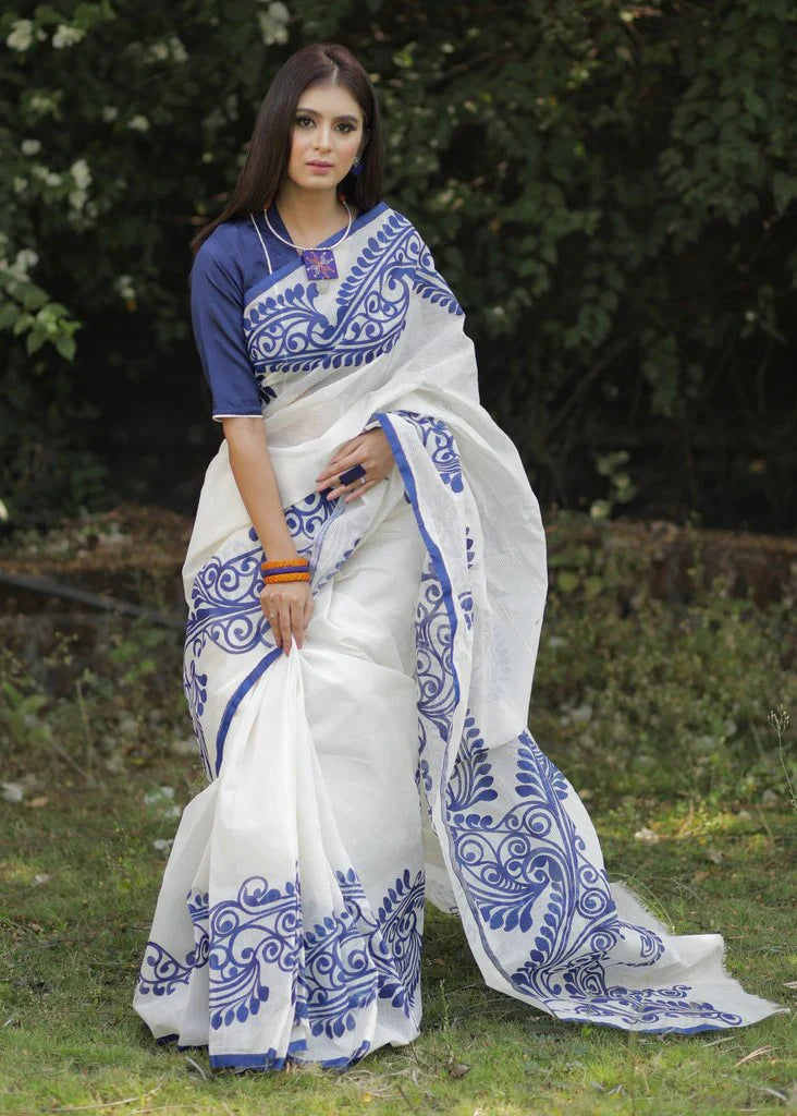 White and Blue color Cotton Linen Saree With Unstitched Blouse