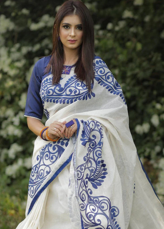 White and Blue color Cotton Linen Saree With Unstitched Blouse