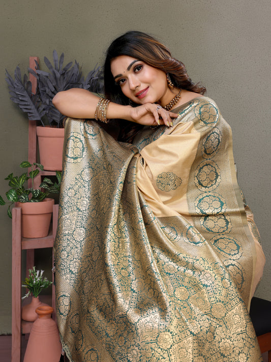 Beige Jugani Viscose silky sarees that are soft and with all over weaving butties in the body