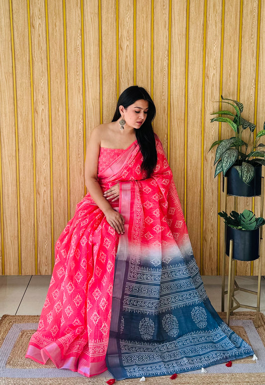 New Concept Premium And Rich Soft Linen Cotton Digital Print Saree With Silver Border