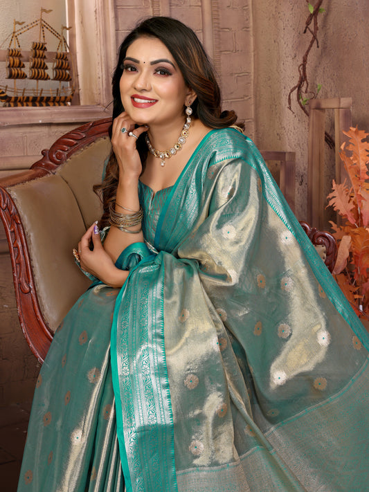 Sky Blue Anita Handloom Tissue Silk Sarees with all over Zari Weaving Designs