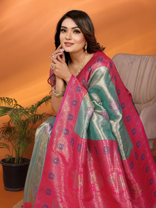 स्काई ब्लू सरोज बनारसी टिशू सिल्क साड़ियाँ पूरी बुनाई वाली बूटियाँ के साथ