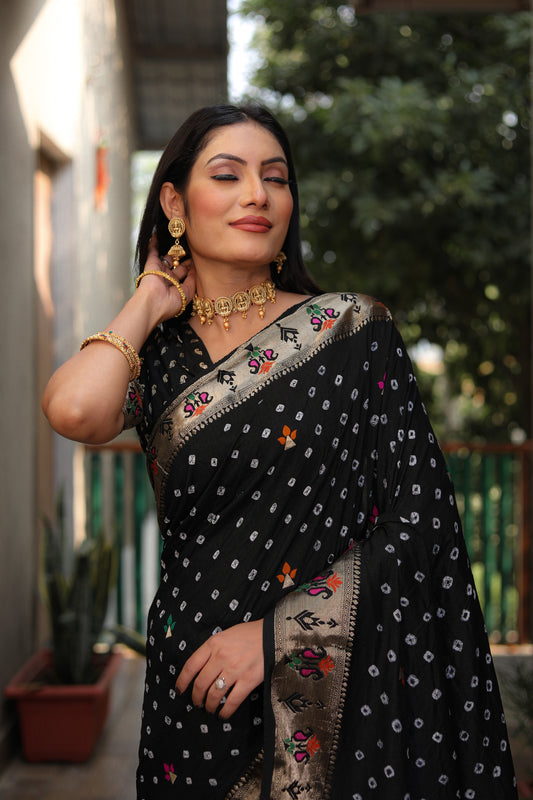 Black Yogeshwari Dola Soft Silk Bandhej Sarees With Jari Weaving Butti