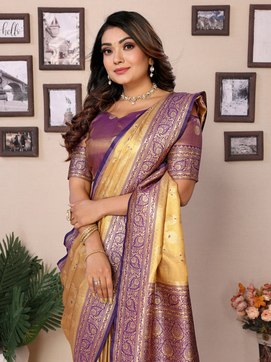 Purple Hema Banarasi tissue silk sarees with Meenkari woven borders