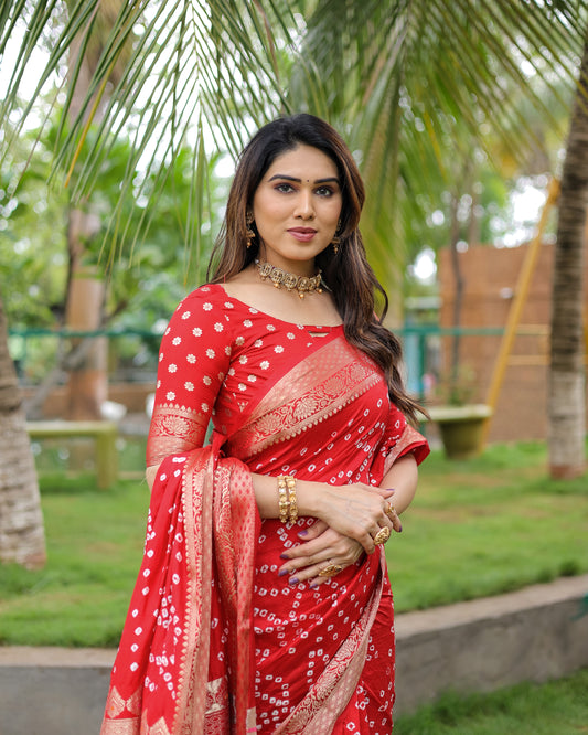 जरी बुनाई बॉर्डर के साथ लाल पदमावती डोला मुलायम रेशम बंधेज साड़ी