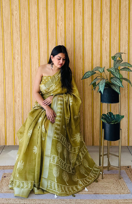 Mehendi Color Soft Linen Cotton Digital Print Saree Very Premium And Rich Quality