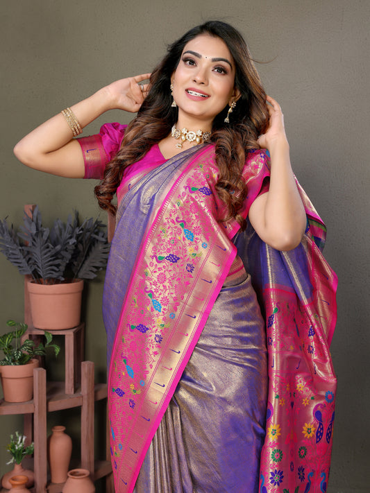Purple Mrudangi pure banarasi tissue silk sarees With weaving butties