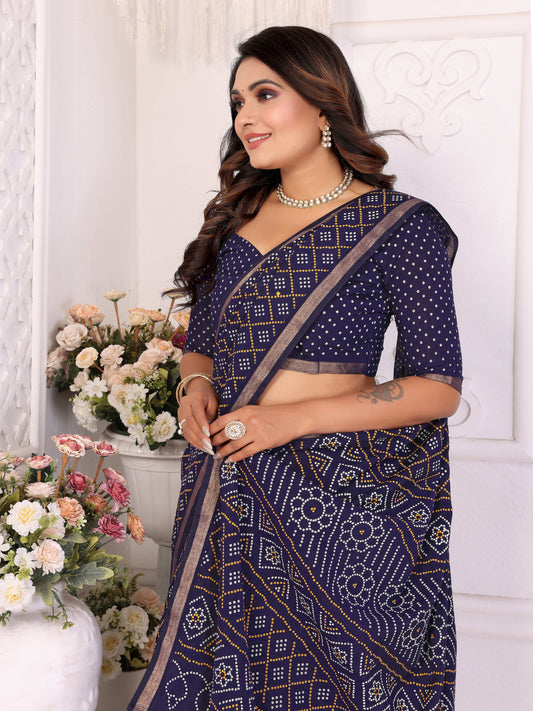 नेवी ब्लू अम्बा प्योर पटोला और बंधेज पैटर्न सॉफ्ट कॉटन हल्के वजन की साड़ी