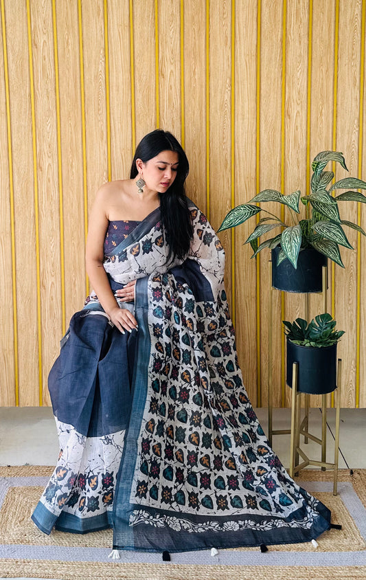 Multi Color Soft Linen Cotton Digital Print Saree Very Premium And Rich Quality