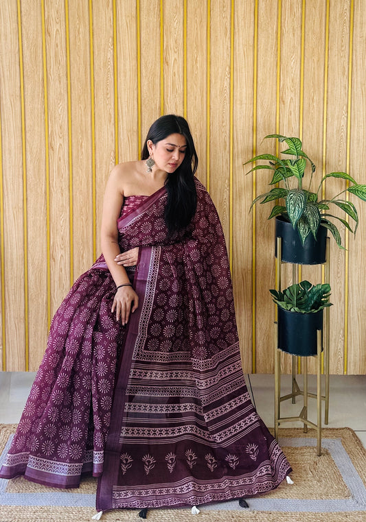 Wine Color Soft Linen Cotton Digital Print Saree Very Premium And Rich Quality