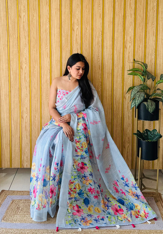 Sky Color Premium Quality Beautiful Soft Linen Cotton Digital Print Saree