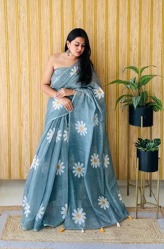 Grey Soft Linen Cotton Silk Sarees CHAMPA Flower Print