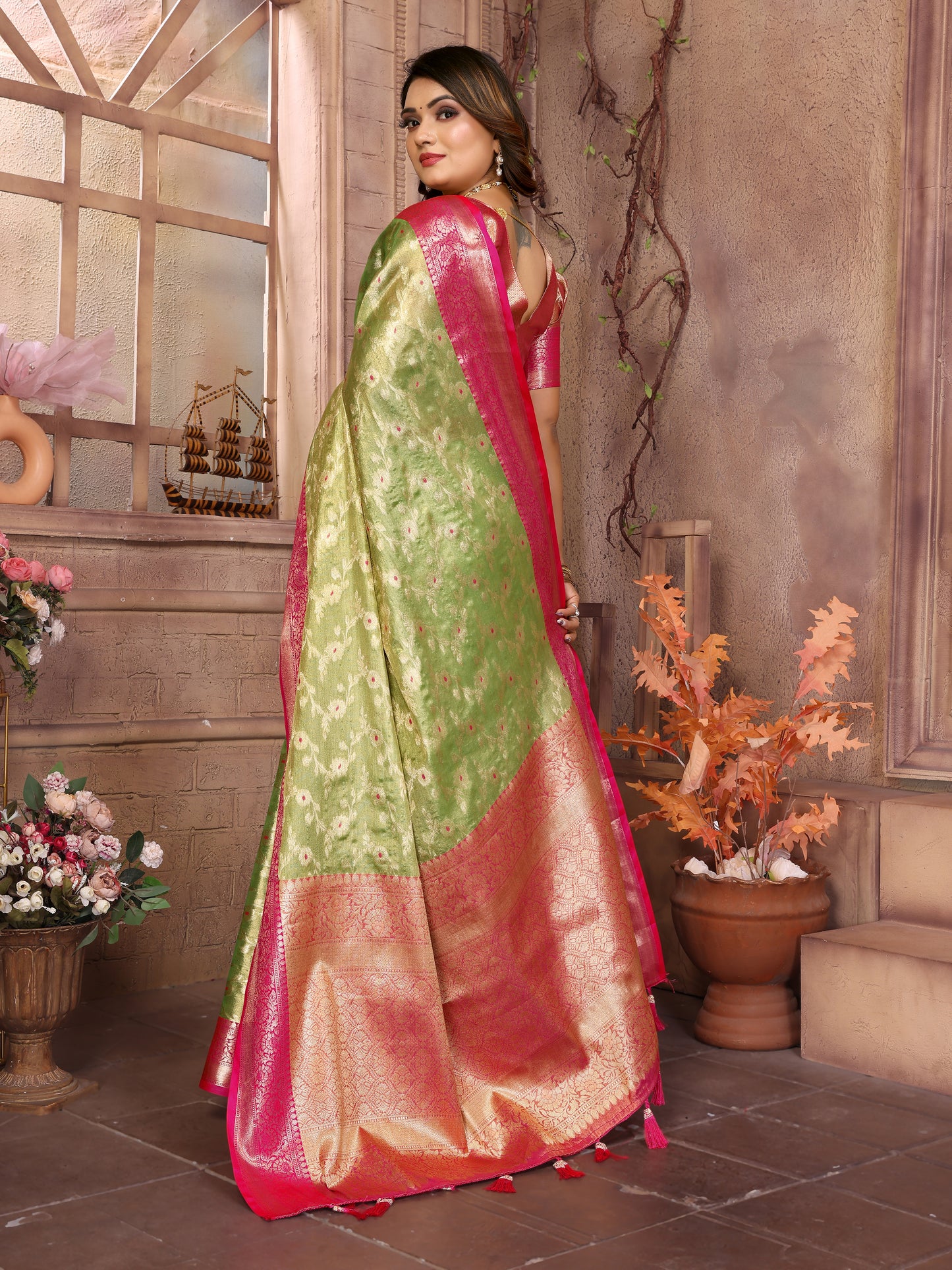 Green Color Handloom Tissue Silk Saree With Zari Designs And Contrast Border