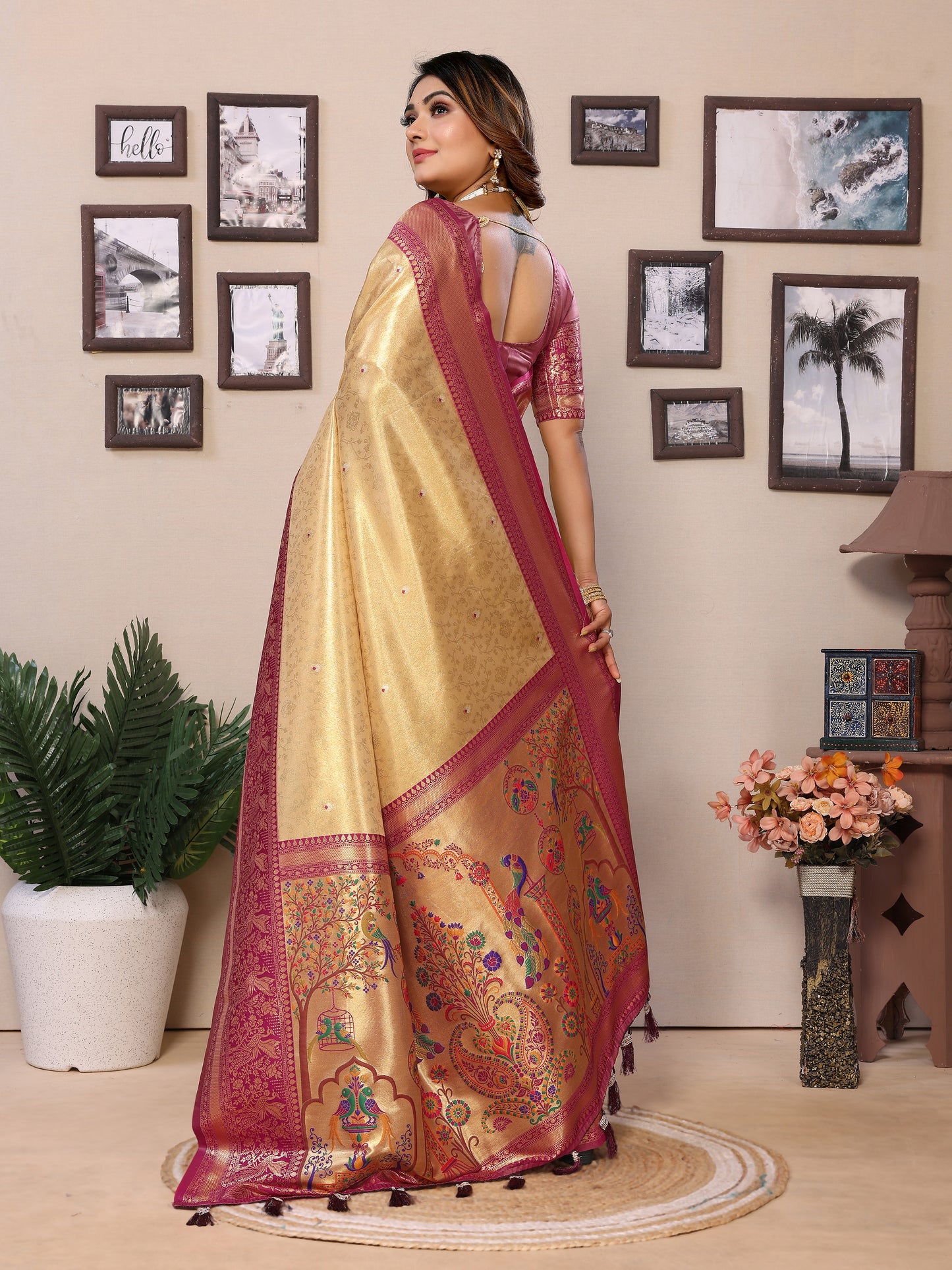 Beige Color Presenting Pure Banarasi Tissue Silk Saree With Paithani Border