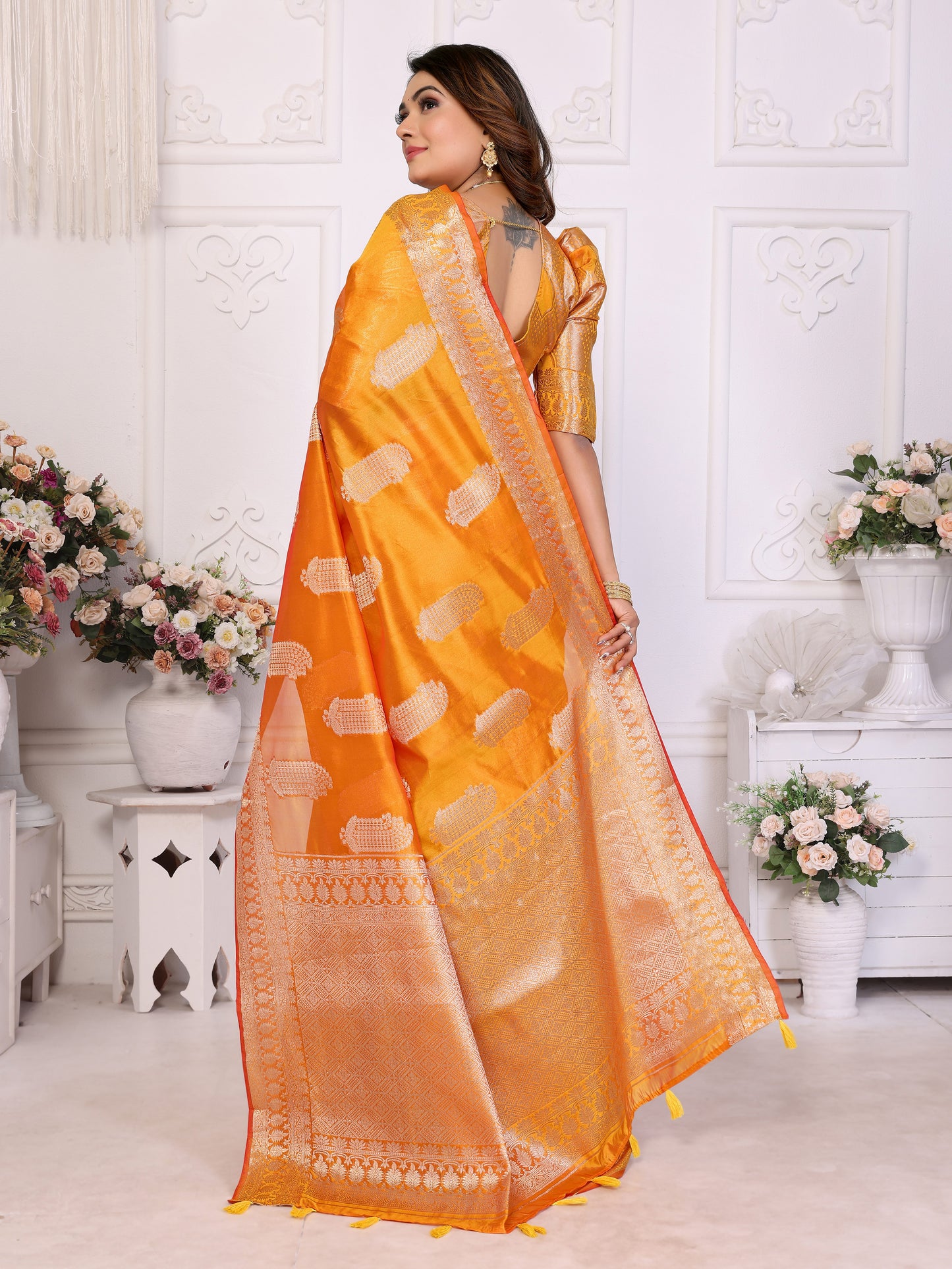 Yellow Color Premium And Superior Soft Organza Silk Banarasi Saree Butta With Unique Colour