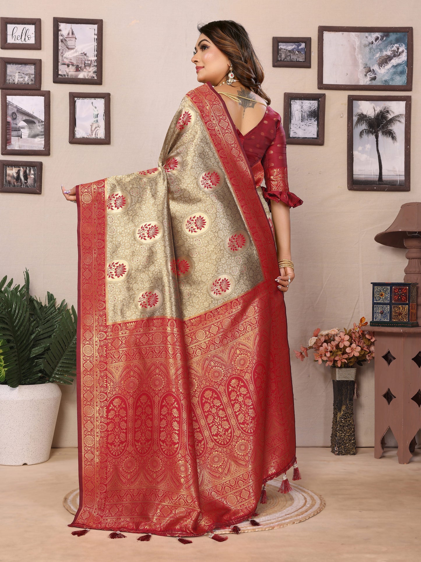 Red Mahek Handloom Tissue Silk Sarees with Contrast Zari woven Border