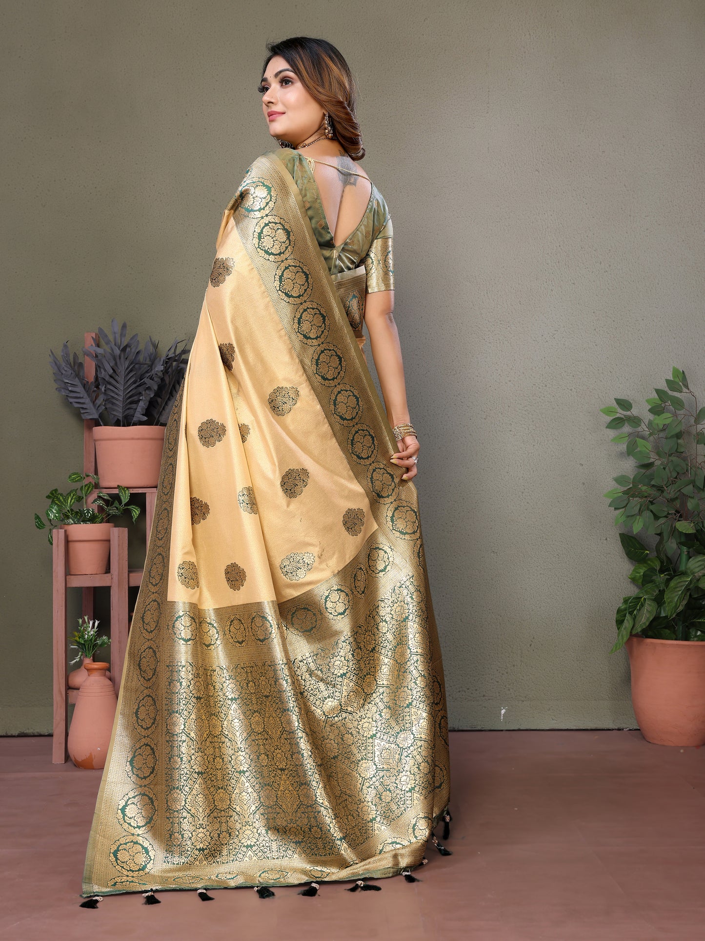 Beige Jugani Viscose silky sarees that are soft and with all over weaving butties in the body