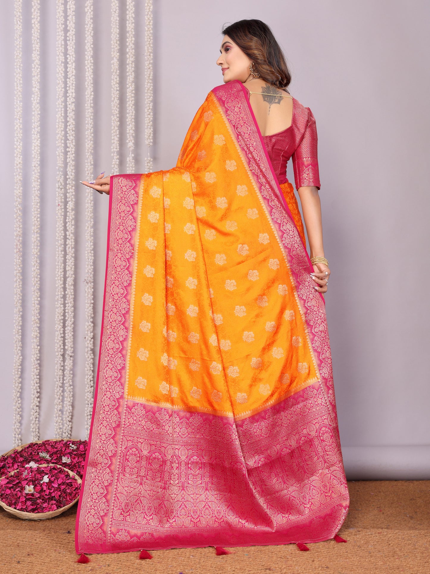Orange Color Exclusive Satin Silk Sarees With All Over Zari Weaving Butta Designs